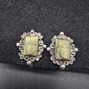 Mexico Silver Tribal Aztec Screw Back Earrings Green Onyx Carved Faces